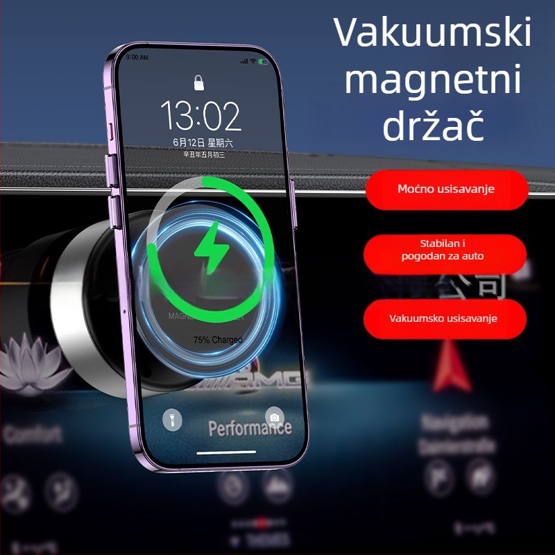 Držač za telefon u automobilu s rotacijom od 360°, magnetsko bežično punjenje i vakuumsko pričvršćivanje