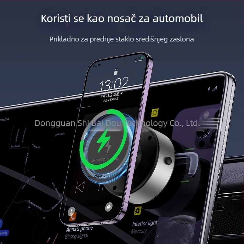 Držač za telefon u automobilu s rotacijom od 360°, magnetsko bežično punjenje i vakuumsko pričvršćivanje