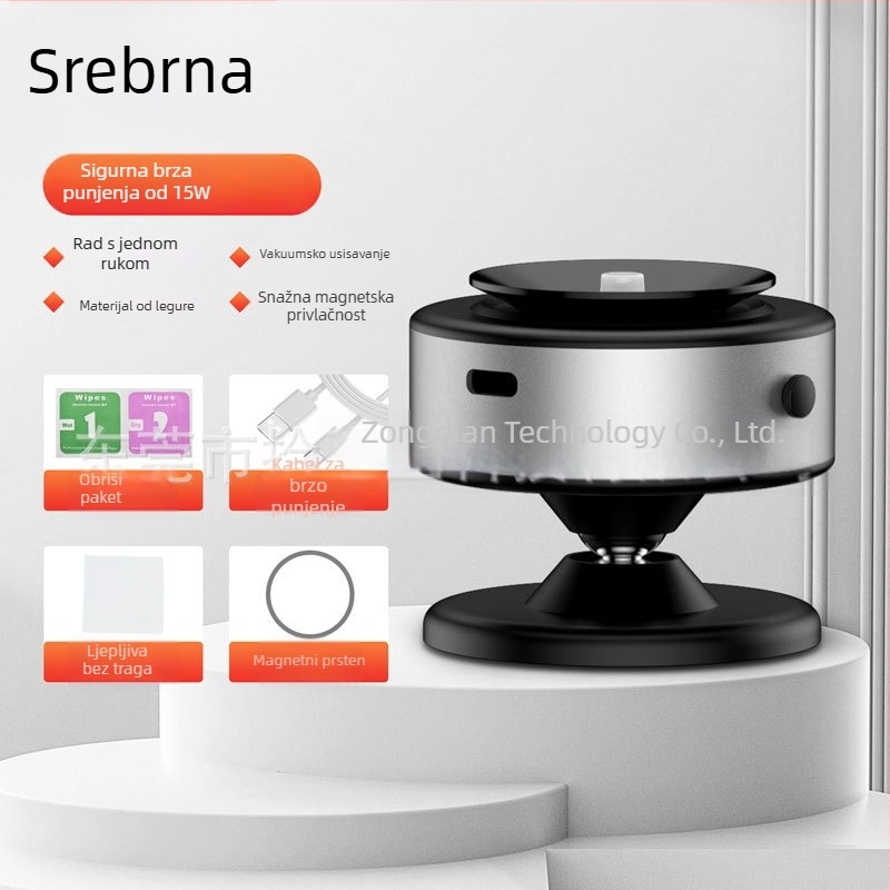 Držač za telefon u automobilu s rotacijom od 360°, magnetsko bežično punjenje i vakuumsko pričvršćivanje