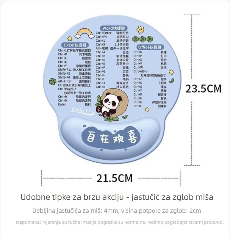 Panda karikatura podrška za zglob za tipkovnicu i miš – gumeni jastučić s memorijskom pjenom, jednostrana ispis
