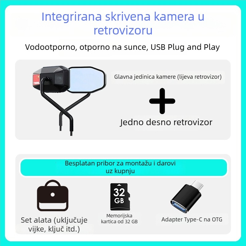 1080p vodootporna skrivena kamera u retrovizoru za električna vozila i motocikle, univerzalni tip