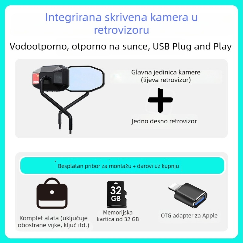 1080p vodootporna skrivena kamera u retrovizoru za električna vozila i motocikle, univerzalni tip