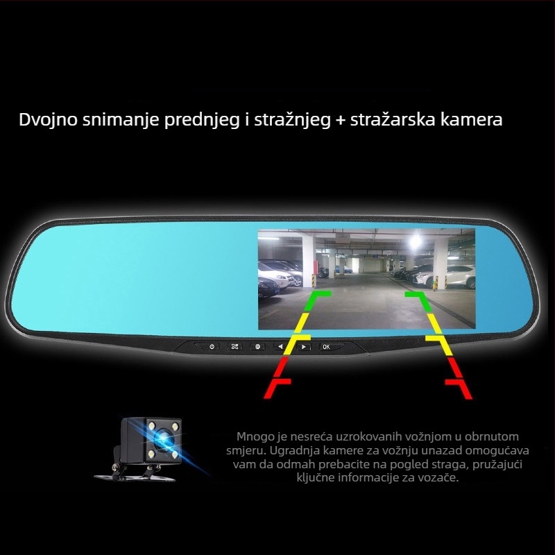 Dvoslojna dash cam s integriranim retrovizorom, 1080p, kut gledanja 140°, nadzor parkiranja