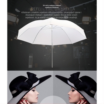 Reflektivni kišobran za mekano osvjetljenje za fotografiju i prijenos uživo (aluminijska legura; nosivost 2–5 kg; model: Reflective umbrella)