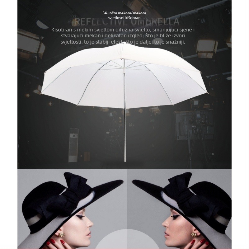 Reflektivni kišobran za mekano osvjetljenje za fotografiju i prijenos uživo (aluminijska legura; nosivost 2–5 kg; model: Reflective umbrella)