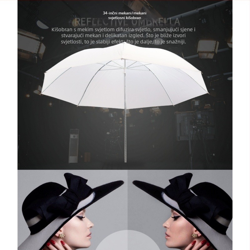 Reflektivni kišobran za mekano osvjetljenje za fotografiju i prijenos uživo (aluminijska legura; nosivost 2–5 kg; model: Reflective umbrella)