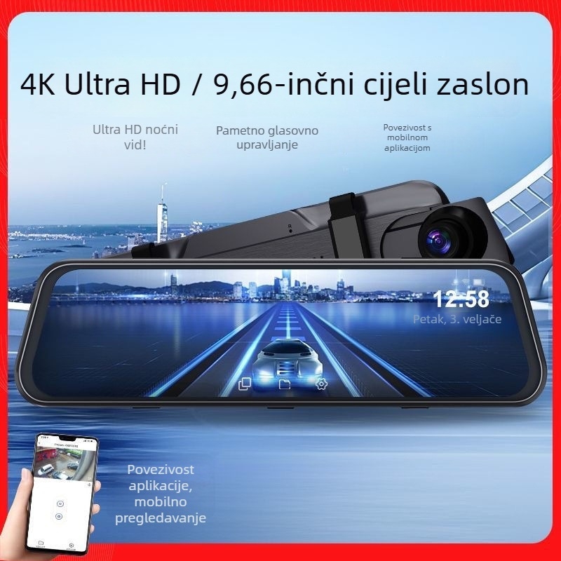 4K Ultra HD automobilska kamera s 10-inčnim zaslonom, prednje i stražnje duplo snimanje, povezanost s pametnim telefonom, glasovno upravljanje