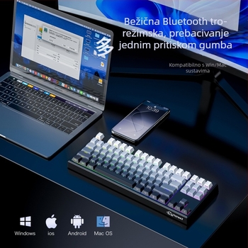Membranska tipkovnica, RGB pozadinsko osvjetljenje, 87 tipki, PBT bočno gravirane tipke, vodootporna, 3-modni bežični način (USB/Bluetooth/2.4G)