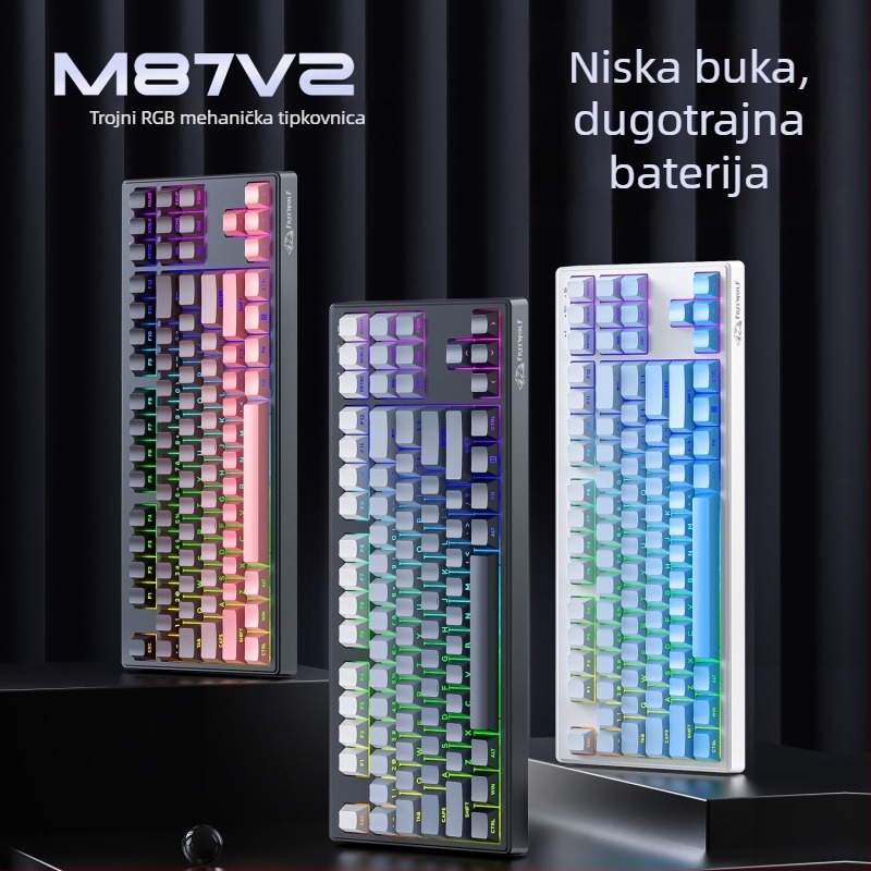 Membranska tipkovnica, RGB pozadinsko osvjetljenje, 87 tipki, PBT bočno gravirane tipke, vodootporna, 3-modni bežični način (USB/Bluetooth/2.4G)