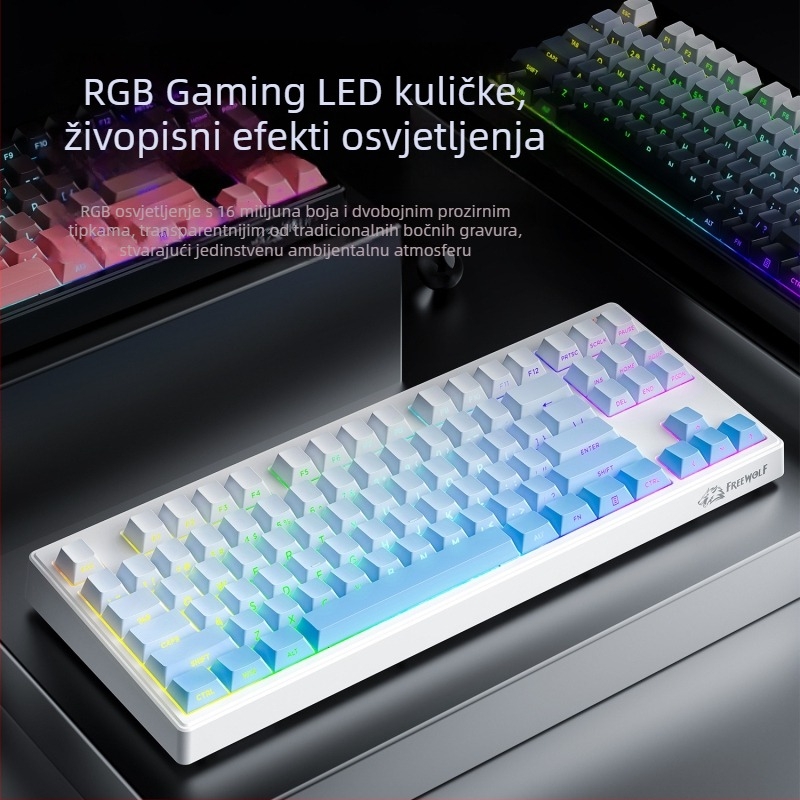Membranska tipkovnica, RGB pozadinsko osvjetljenje, 87 tipki, PBT bočno gravirane tipke, vodootporna, 3-modni bežični način (USB/Bluetooth/2.4G)