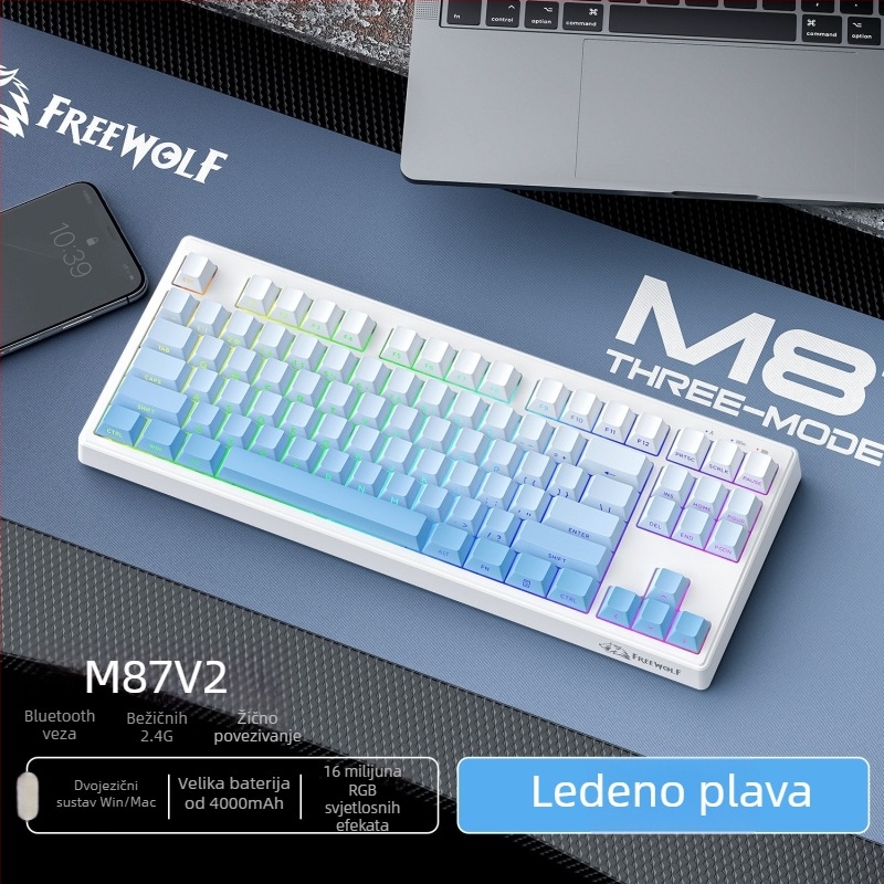 Membranska tipkovnica, RGB pozadinsko osvjetljenje, 87 tipki, PBT bočno gravirane tipke, vodootporna, 3-modni bežični način (USB/Bluetooth/2.4G)