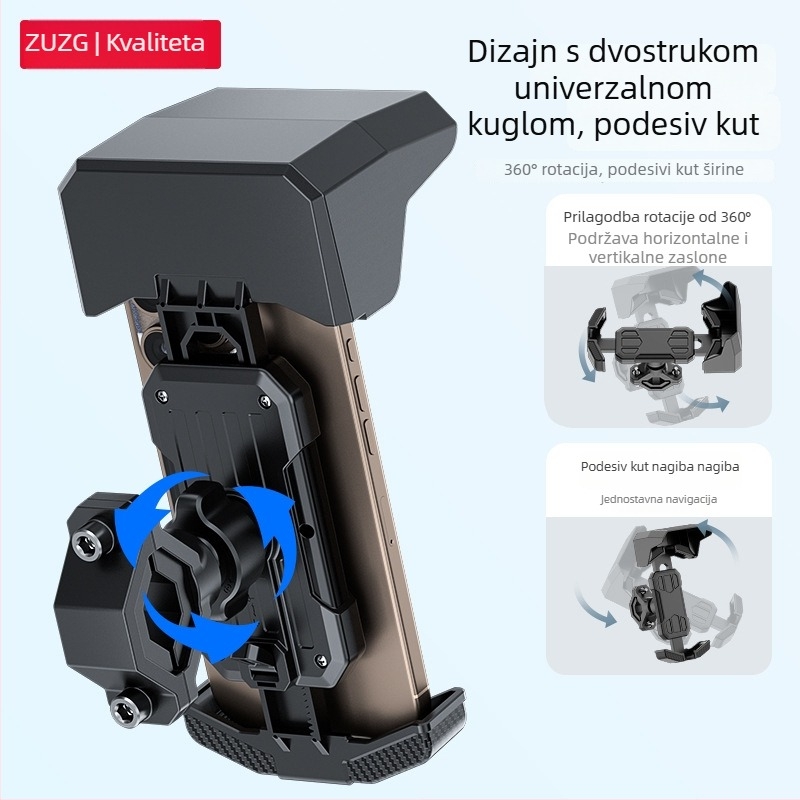 Držač za telefon na biciklu za navigaciju — Otporan na udarce, 360° okret (horizontalno i vertikalno), Brzi pristup i oslobađanje, Materijali: ABS + hardver + silikagel + TPU