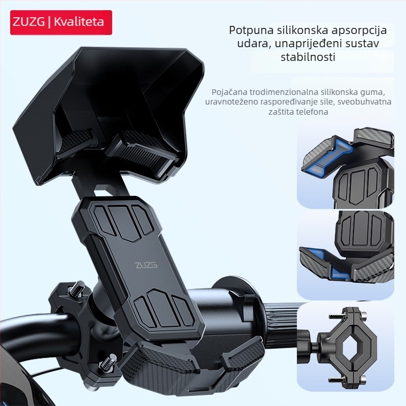 Držač za telefon na biciklu za navigaciju — Otporan na udarce, 360° okret (horizontalno i vertikalno), Brzi pristup i oslobađanje, Materijali: ABS + hardver + silikagel + TPU