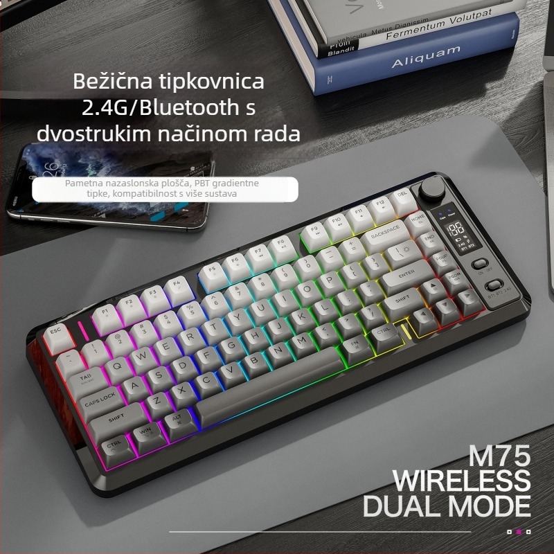 Bežična Bluetooth tipkovnica s dualnim načinom, 87 tipki, PBT gradientne kapice tipki, zaslon, istovremeno povezivanje s 2 uređaja