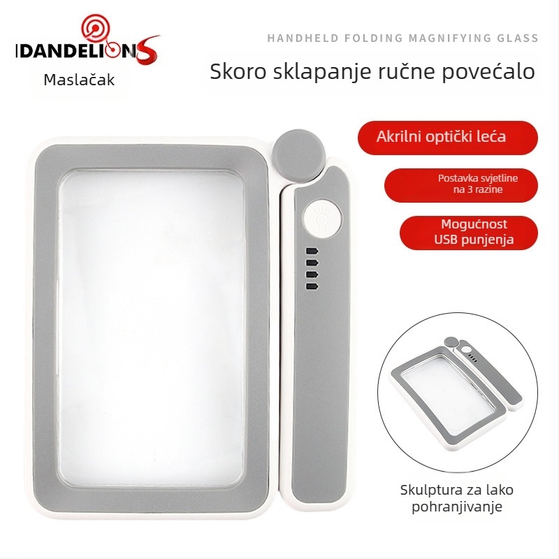 Sklopiva kvadratna ručna lupa s USB napajanjem, 10 LED dioda, tri razine osvjetljenja, prikaz napajanja