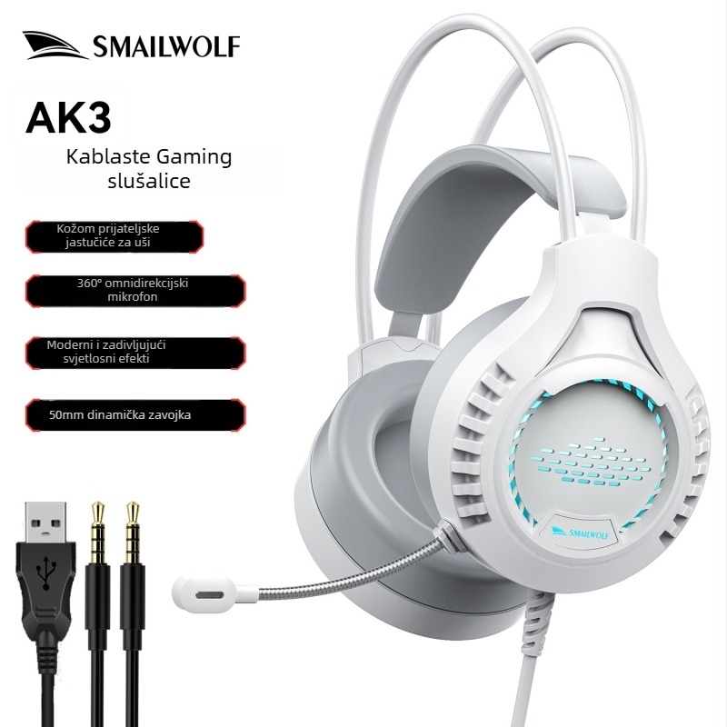 Gaming slušalice Ak3, žične, 50mm zvučnik, 3,5mm priključak, 20–20kHz, mikrofon, umjetne kožne jastučiće, 2m kabel