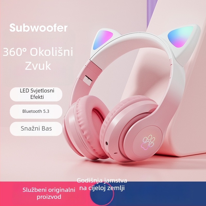 Bluetooth slušalice s mačjim ušima, na glavi, bežične gaming slušalice, stereo zvuk, Bluetooth 5.3, domet 10 m, trajanje baterije preko 8 sati