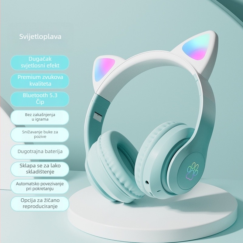 Bluetooth slušalice s mačjim ušima, na glavi, bežične gaming slušalice, stereo zvuk, Bluetooth 5.3, domet 10 m, trajanje baterije preko 8 sati