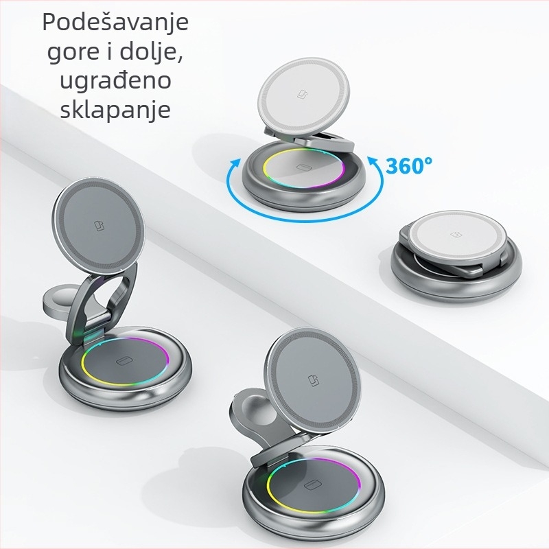 Metalni rotirajući bežični punjač za iPhone 17 — magnetna podrška, 3-u-1, PD brzo punjenje, izlaz 15W+3W+2.5W (ukupna snaga 20W)