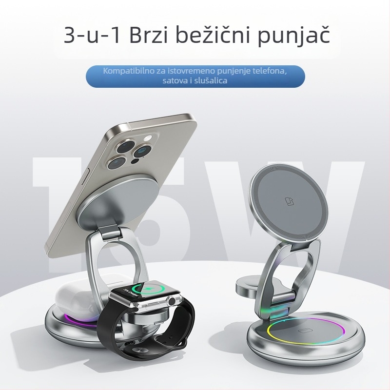 Metalni rotirajući bežični punjač za iPhone 17 — magnetna podrška, 3-u-1, PD brzo punjenje, izlaz 15W+3W+2.5W (ukupna snaga 20W)