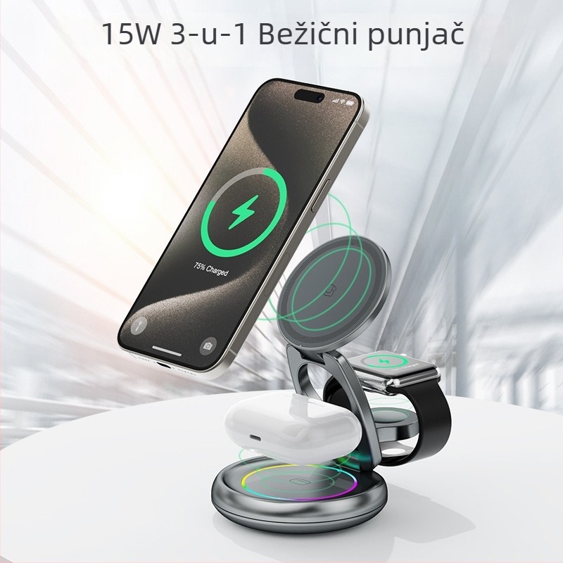 Metalni rotirajući bežični punjač za iPhone 17 — magnetna podrška, 3-u-1, PD brzo punjenje, izlaz 15W+3W+2.5W (ukupna snaga 20W)