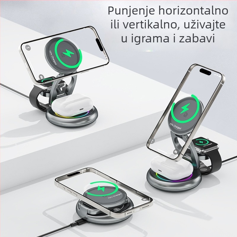 3-u-1 Rotirajući Magnetski Bežični Punjač — 15W PD Brzo Punjenje, Magnetsko Punjenje, Izlaz 3A, Kompatibilan s Apple Stolnim Bežičnim Punjačem