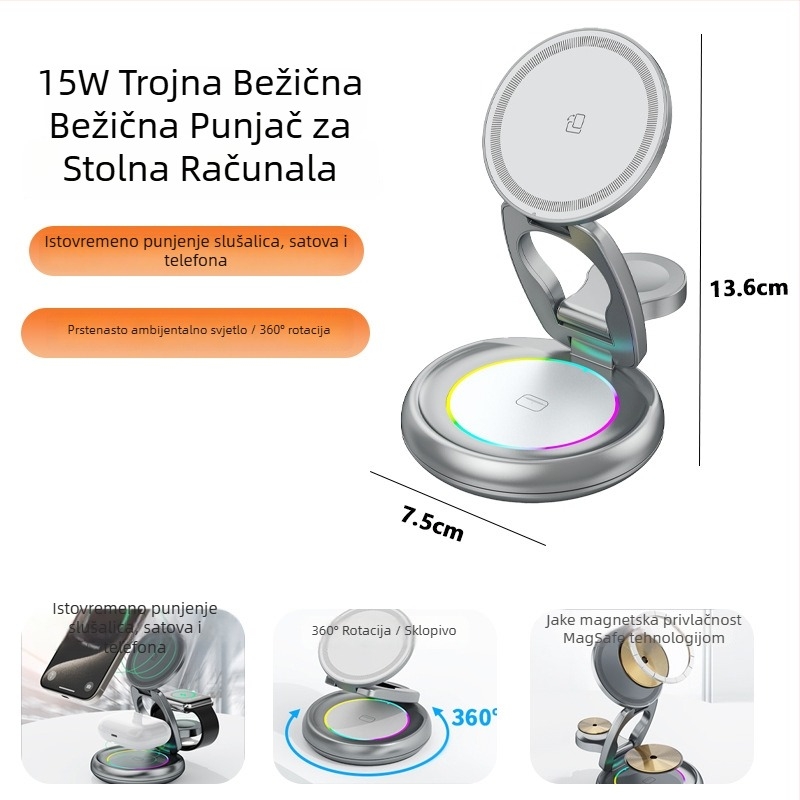 3-u-1 Rotirajući Magnetski Bežični Punjač — 15W PD Brzo Punjenje, Magnetsko Punjenje, Izlaz 3A, Kompatibilan s Apple Stolnim Bežičnim Punjačem