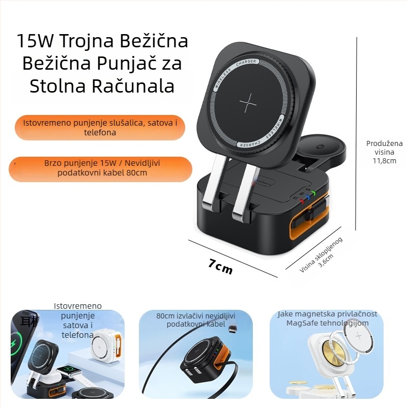3-u-1 Rotirajući Magnetski Bežični Punjač — 15W PD Brzo Punjenje, Magnetsko Punjenje, Izlaz 3A, Kompatibilan s Apple Stolnim Bežičnim Punjačem
