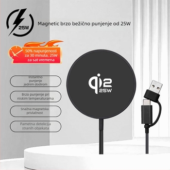 Magnetski bežični punjač 25W s PD i Qi 2.2 – metalno kućište, izlaz 3A