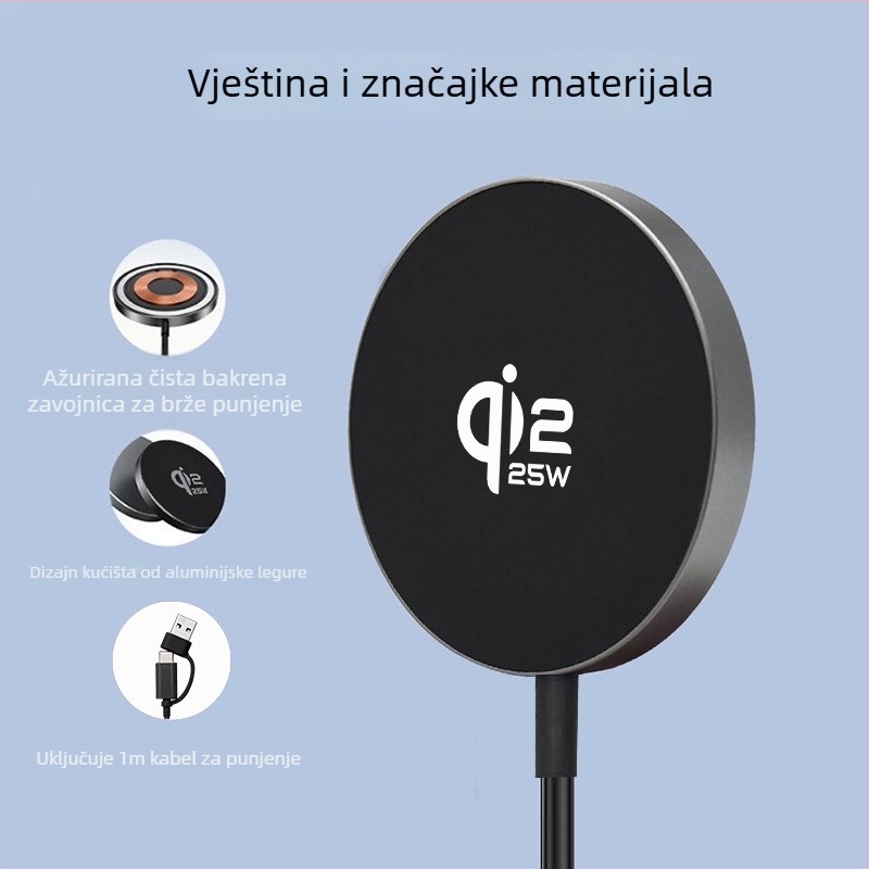 Magnetski bežični punjač 25W s PD i Qi 2.2 – metalno kućište, izlaz 3A