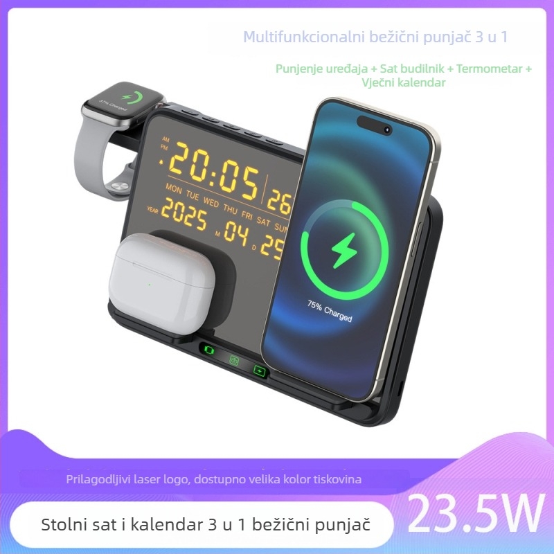 Višefunkcionalni bežični punjač 23,5W s satom, termometrom i kalendarom (5/7,5/10/15W, max 23,5W; protokol punjenja Q3.0 PD20W; digitalni zaslon)