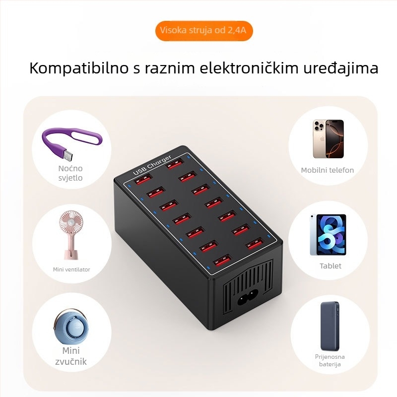 USB punjač s 14 priključcima, stolna stanica za punjenje za telefone i tablete, univerzalno brzo punjenje