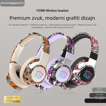 Bluetooth slušalice za preko ušiju s LED graffiti osvjetljenjem i bešivnim 3D jastučićima za uši - privatni model, Bluetooth 5.4, domet 10 m, trajanje baterije >8 h, 350 mAh