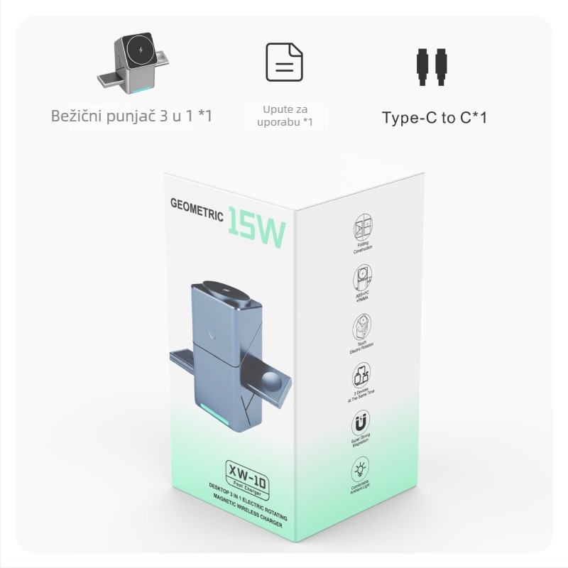 XW10 Bežični punjač s rotirajućim Rubikovim kockom – 15W brzo punjenje, magnetsko, tri u jednom, stolni punjač