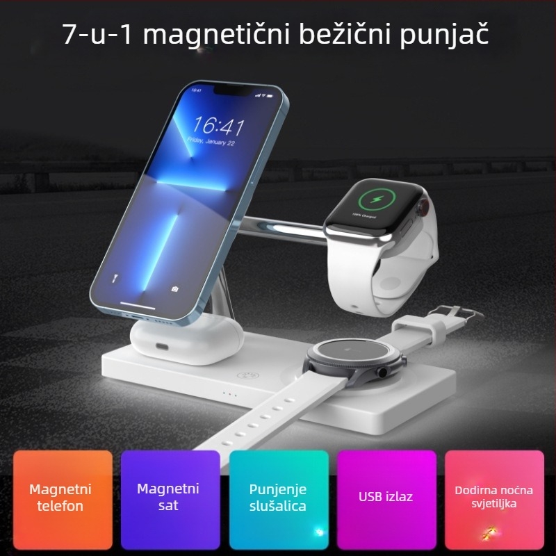 7-u-1 stolna baza za bežično punjenje uz noćno svjetlo, magnetski Qi punjač, brzo punjenje
