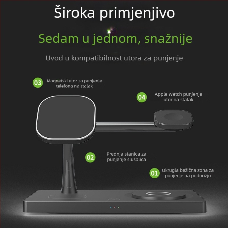7-u-1 stolna baza za bežično punjenje uz noćno svjetlo, magnetski Qi punjač, brzo punjenje