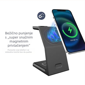 3-u-1 magnetski bežični punjač na stolni stalak, vertikalno punjenje, Apple kompatibilno, QC3.0, max 15W, 9V/2A 12V/2A, ukupna snaga 22.5W, podržava magnetsko punjenje