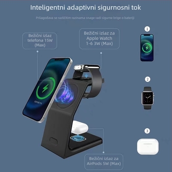3-u-1 magnetski bežični punjač na stolni stalak, vertikalno punjenje, Apple kompatibilno, QC3.0, max 15W, 9V/2A 12V/2A, ukupna snaga 22.5W, podržava magnetsko punjenje