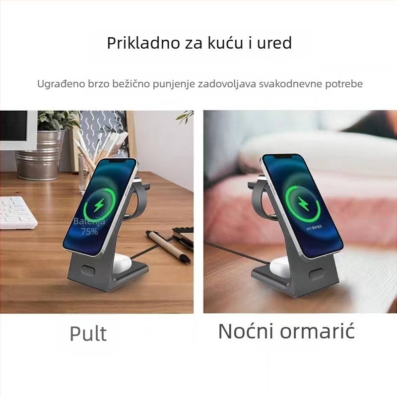 3-u-1 magnetski bežični punjač na stolni stalak, vertikalno punjenje, Apple kompatibilno, QC3.0, max 15W, 9V/2A 12V/2A, ukupna snaga 22.5W, podržava magnetsko punjenje