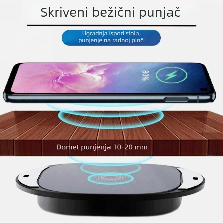 Bežični punjač 10W za ugradnju ispod stola — izlaz 1.5A, DC protokol, CE/FCC/ROHS certifikat