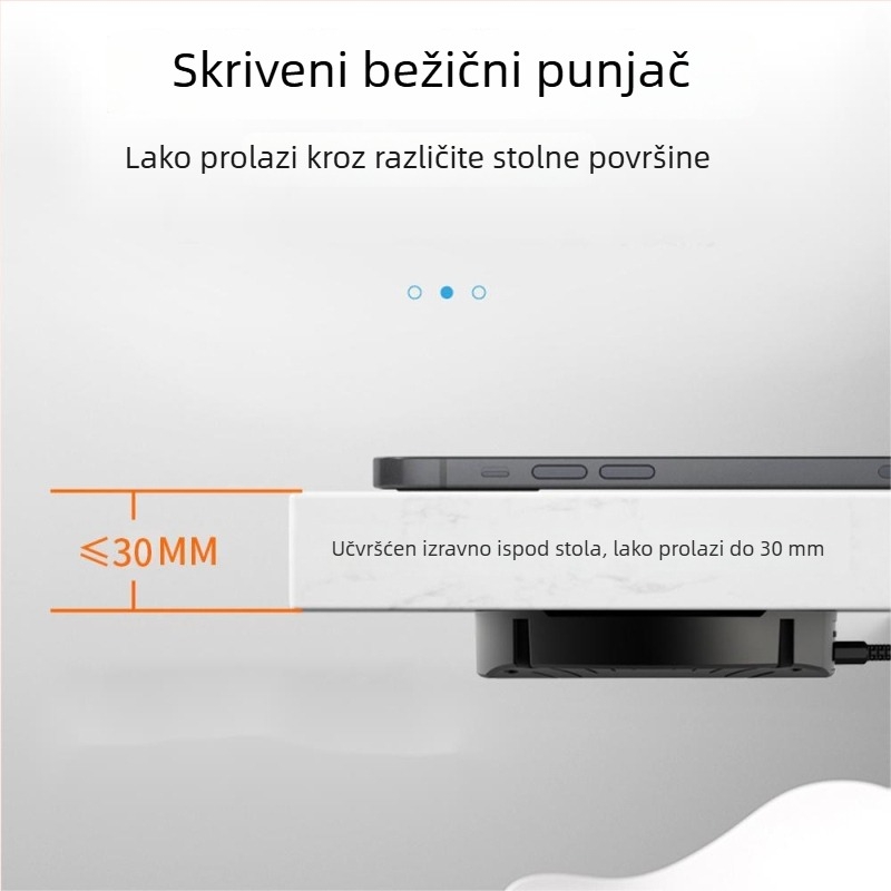 Bežični punjač 10W za ugradnju ispod stola — izlaz 1.5A, DC protokol, CE/FCC/ROHS certifikat