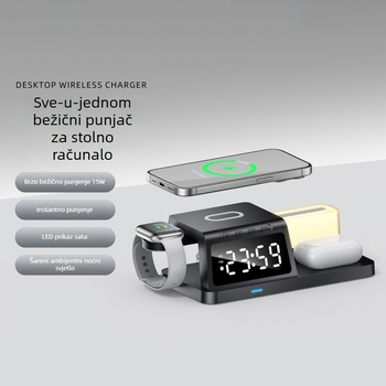Pet u jednome bežični punjač za sat s 15W, ambijentalnim osvjetljenjem za iPhone – integrirani prijenosni brzi punjač, QC3.0, načini 15/10/7.5/5/3W