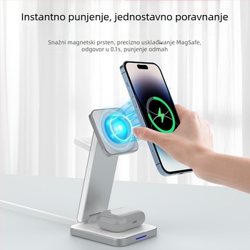Vertikalno sklopivi bežični punjač, 15W brzo punjenje, metalni hladnjak za toplinu, magnetsko punjenje, horizontalno ili vertikalno korištenje