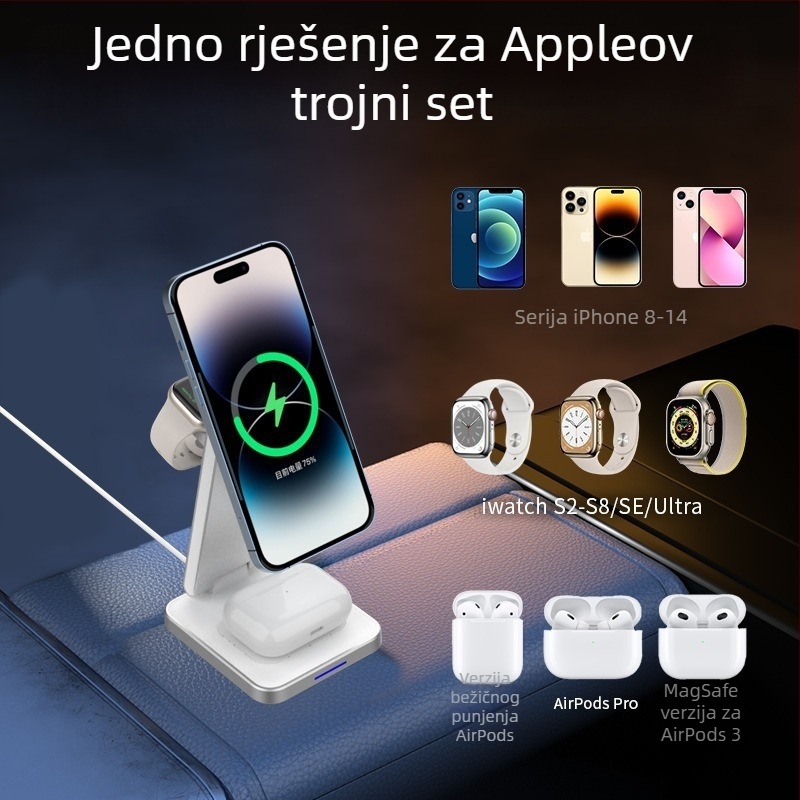 Vertikalno sklopivi bežični punjač, 15W brzo punjenje, metalni hladnjak za toplinu, magnetsko punjenje, horizontalno ili vertikalno korištenje