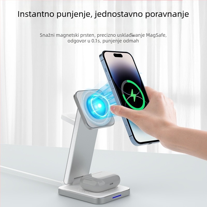 Vertikalno sklopivi bežični punjač, 15W brzo punjenje, metalni hladnjak za toplinu, magnetsko punjenje, horizontalno ili vertikalno korištenje