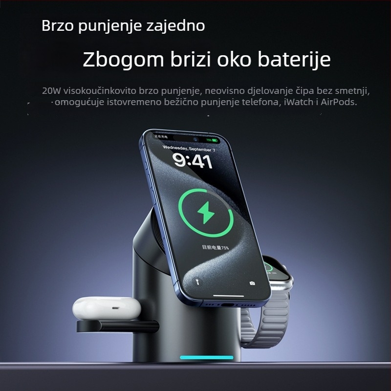 Qi2 certificirani MagSafe 3-u-1 bežični punjač s rotirajućim stolnim držačem, PD brzo punjenje