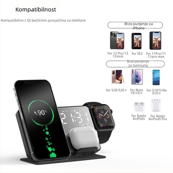 4-u-1 bežični punjač s LED digitalnim budilnikom i zrcalom za iPhone 16/17, Apple Watch i slušalice — 15W, QC4.0, magnetsko punjenje
