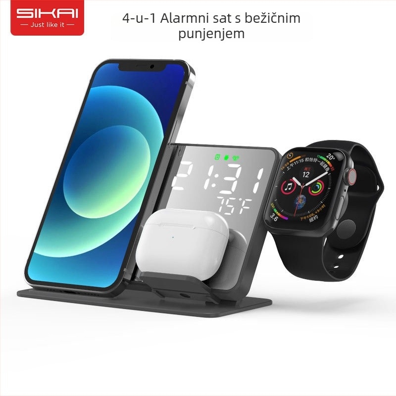 4-u-1 bežični punjač s LED digitalnim budilnikom i zrcalom za iPhone 16/17, Apple Watch i slušalice — 15W, QC4.0, magnetsko punjenje