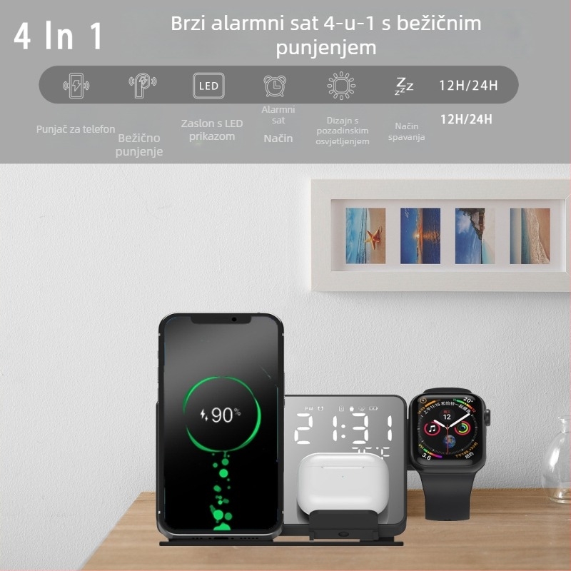 4-u-1 bežični punjač s LED digitalnim budilnikom i zrcalom za iPhone 16/17, Apple Watch i slušalice — 15W, QC4.0, magnetsko punjenje