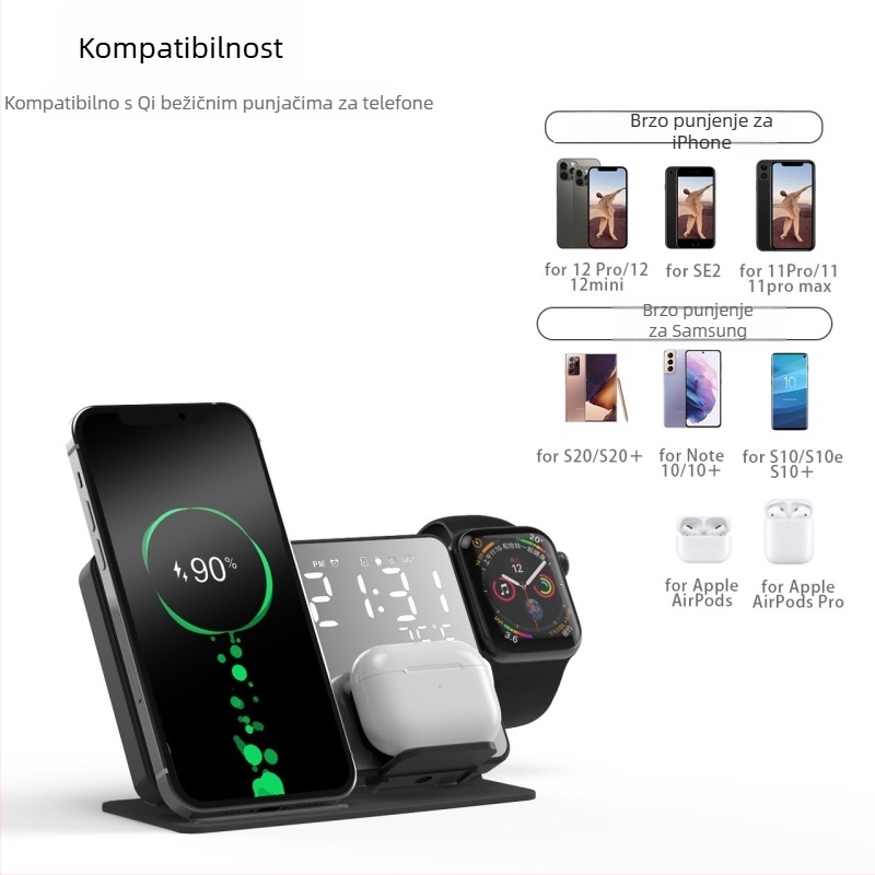 4-u-1 bežični punjač s LED digitalnim budilnikom i zrcalom za iPhone 16/17, Apple Watch i slušalice — 15W, QC4.0, magnetsko punjenje